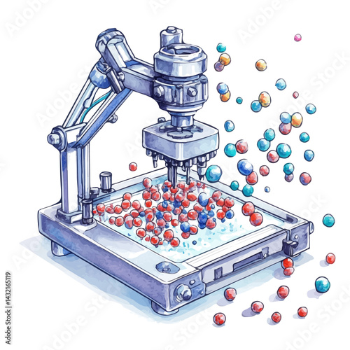 illustration of Molecular 3D Printer Fabricating Proteins, watercolor vector, isolated on a white background.