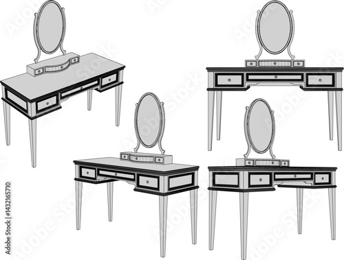 vector sketch illustration of old classic vintage ethnic dressing table furniture design with decorative mirror for dressing up