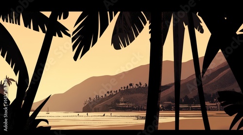 Tropical beach sunset scene framed by palm trees