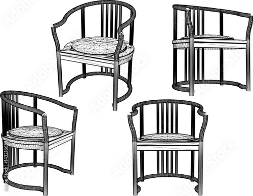 vector sketch illustration of wooden dining room chair design with modern abstract ethnic traditional design