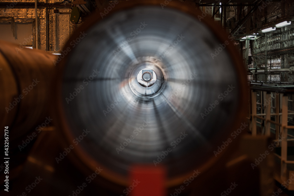 Obraz premium Close-up view through the interior of a large metal gas pipeline in an industrial facility