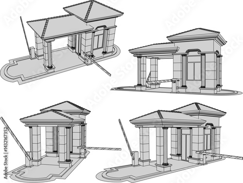 vector sketch illustration silhouette architectural design of security guard post building with portal for security