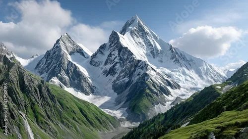 Wallpaper Mural Majestic Mountain Peaks: A breathtaking panoramic view of towering snow-capped peaks, verdant valleys, and a cerulean sky, capturing the raw beauty of nature's grandeur. Torontodigital.ca