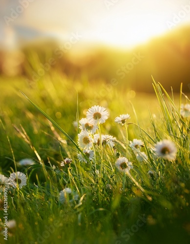 summer background with sunny day in the grass field and some wildflowers