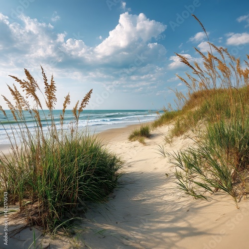 Fototapeta Naklejka Na Ścianę i Meble -  Serene Beach Landscape with Golden Sands and Gentle Waves Under a Bright Blue Sky Enhanced by Lush Green Grass and Wispy Clouds in the Distance
