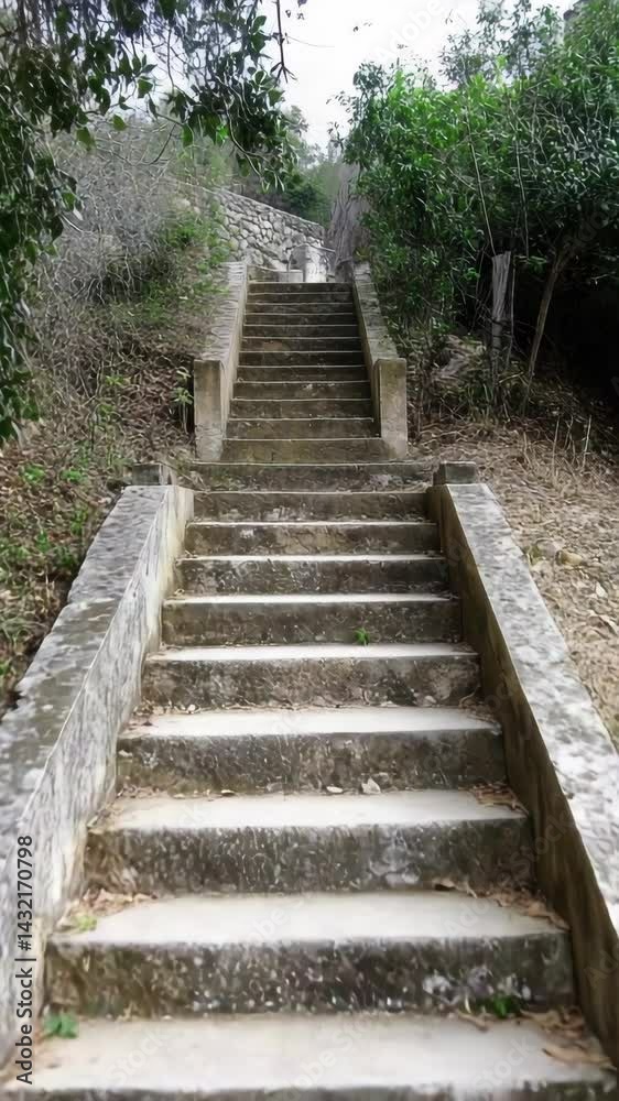 Concrete stairs climbing towards the hilltop surrounded by trees and foliage in outdoor nature setting for pedestrian access Concrete stairs climbing towards the hilltop surrounded by trees and foliage in outdoor nature setting for pedestrian access