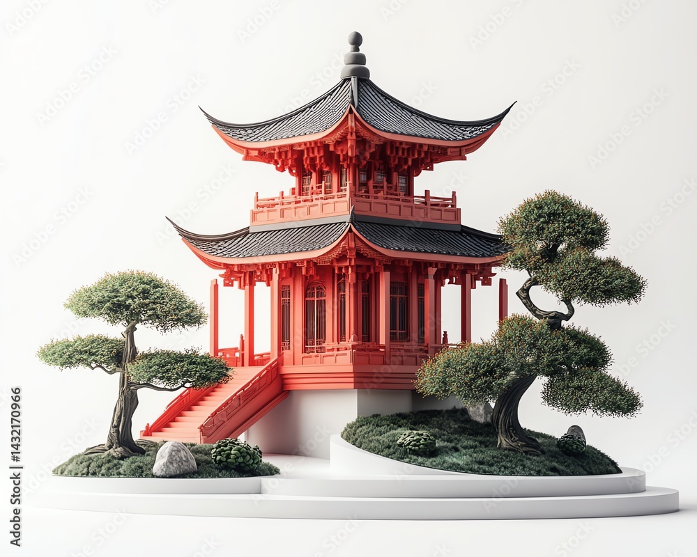 Obraz premium Red Chinese pagoda model with bonsai trees, isolated on white. Ideal for architecture, Asian culture, and design projects.