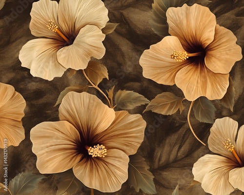 Wallpaper Mural Stylized Tan Hibiscus Flower Pattern on Brown Background Torontodigital.ca