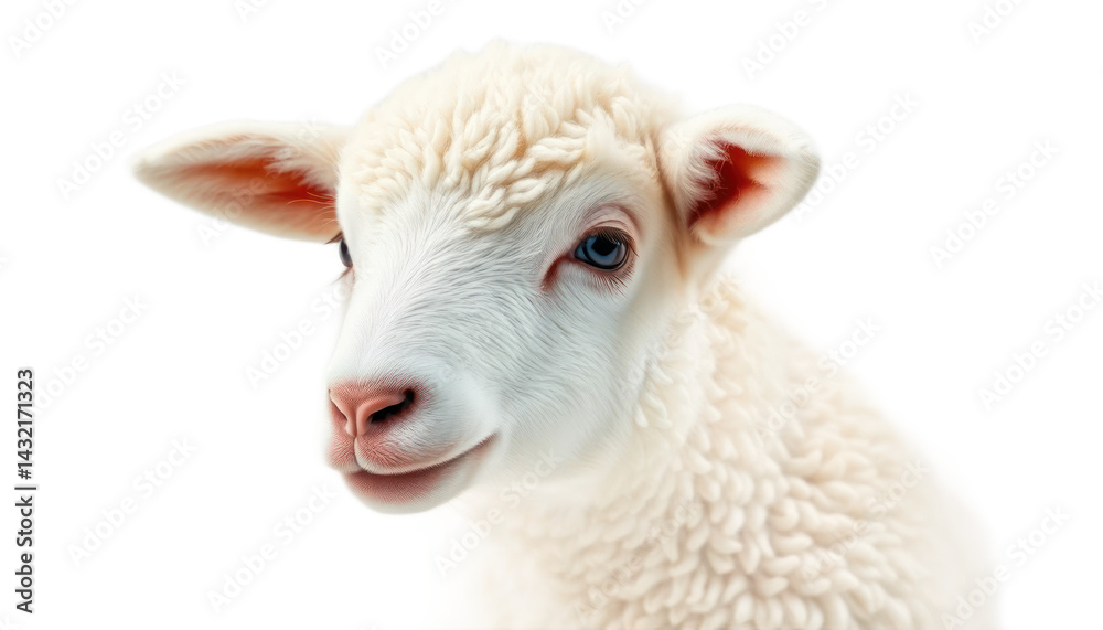 Fototapeta premium Closeup Of A Fluffy White Lamb With Pink Ears And Blue Eyes On Transparent
