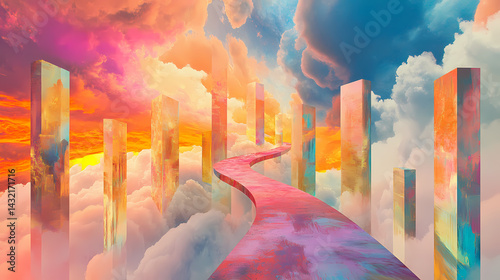 A surreal landscape featuring a winding path of vibrant colors amidst floating clouds and towering structures during sunset. floating echoes. illustration. Echo Tower. Illustration