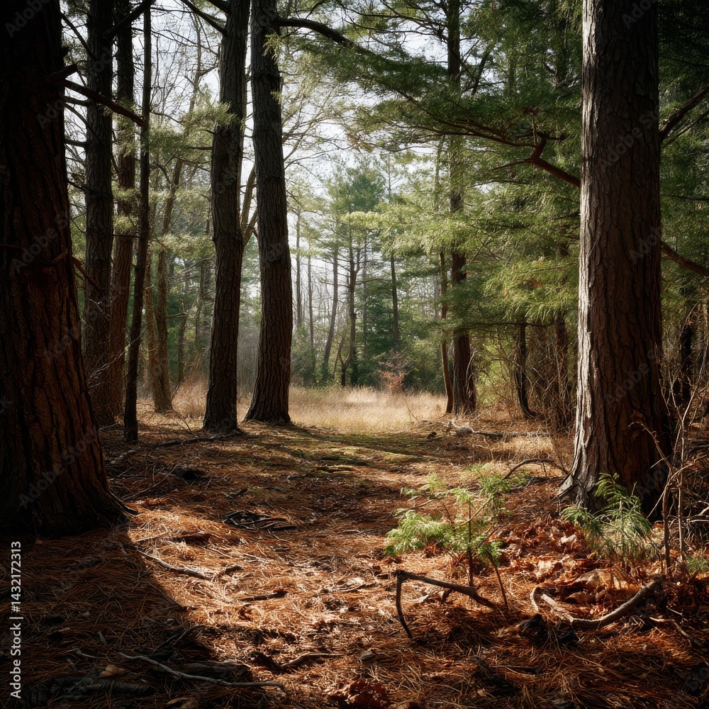 Obraz premium Serene Forest Path with Tall Pine Trees and Soft Sunlight Illuminating the Ground in a Peaceful Natural Woodland Setting