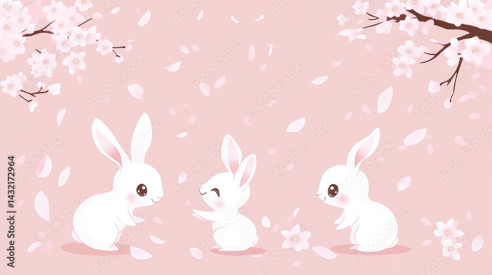 Delicate springtime rabbits amidst cherry blossoms. Delicate springtime rabbits amidst cherry blossoms.