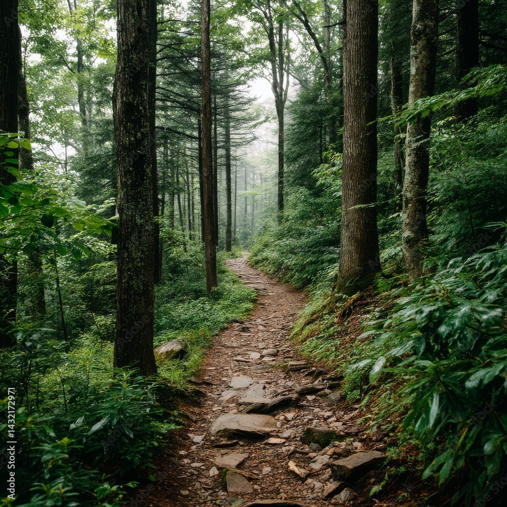 Fototapeta premium Serene Forest Pathway Through Lush Greenery and Tall Trees in Fog, Inviting Nature Lovers for a Peaceful Hike or Adventure Escape in Tranquil Wilderness