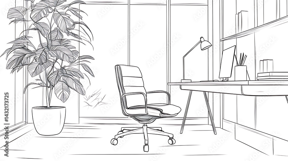 A drawing of a room with a desk and a chair A drawing of a room with a desk and a chair