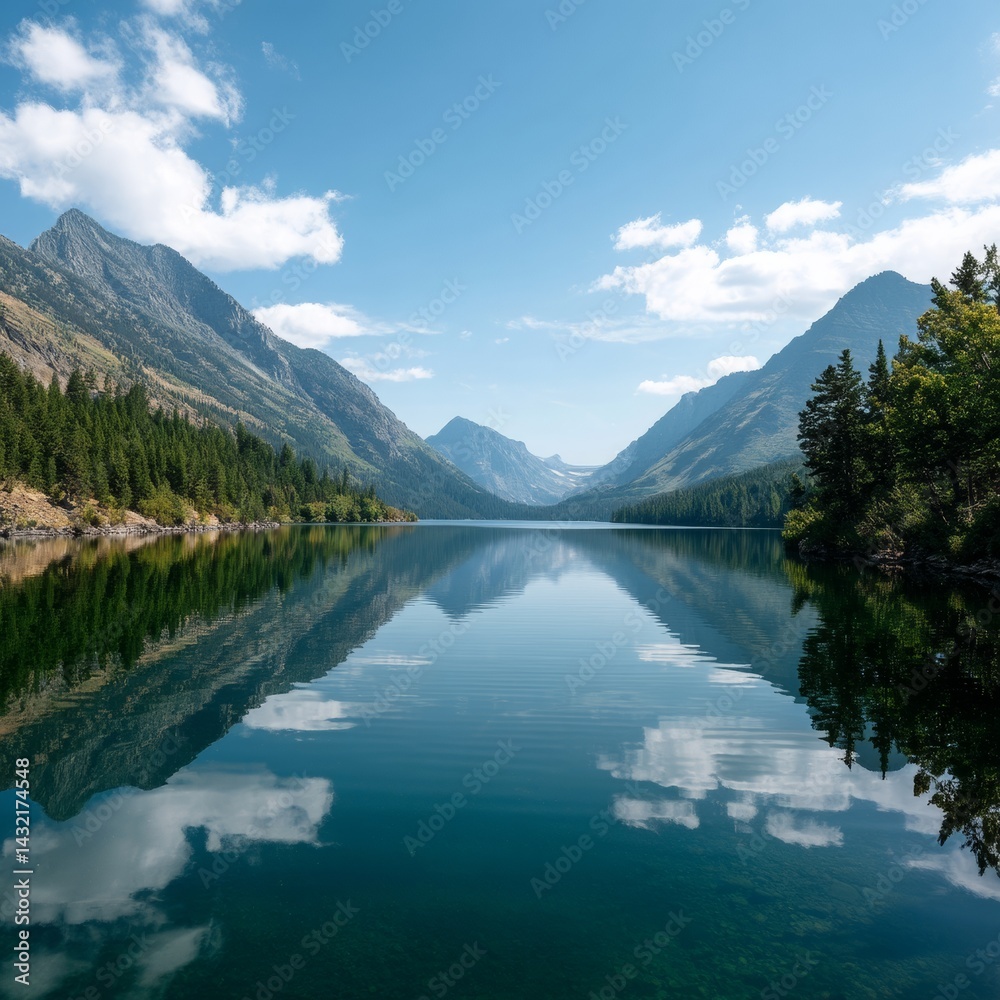 Serene Mountain Landscape with Calm Reflection in Crystal Clear Lake Surrounded by Lush Green Forest and Majestic Peaks under Bright Blue Sky and Fluffy Clouds Serene Mountain Landscape with Calm Reflection in Crystal Clear Lake Surrounded by Lush Green Forest and Majestic Peaks under Bright Blue Sky and Fluffy Clouds