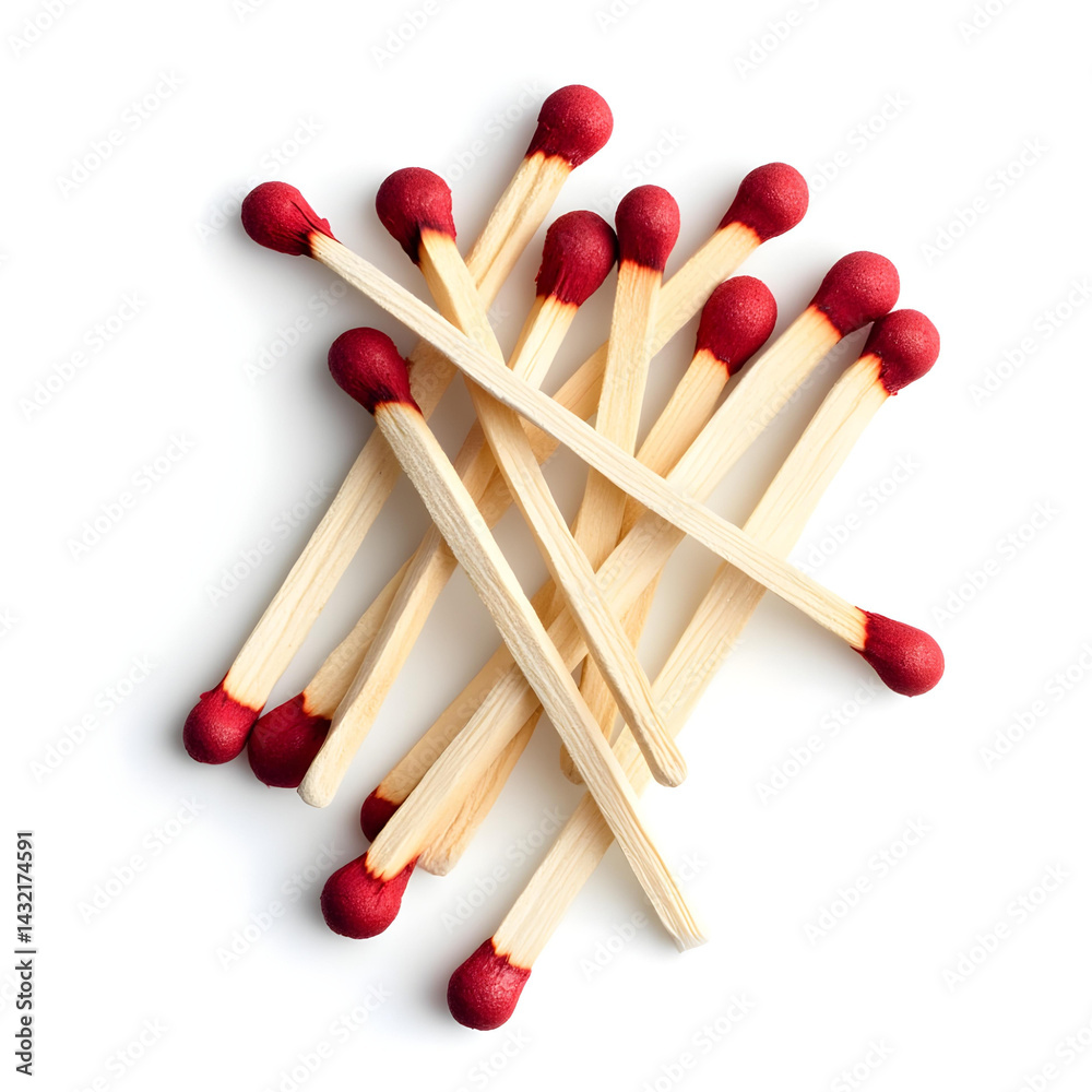 A stock photo shows a pile of wooden matchsticks with red tips. They are isolated on a white background A stock photo shows a pile of wooden matchsticks with red tips. They are isolated on a white background