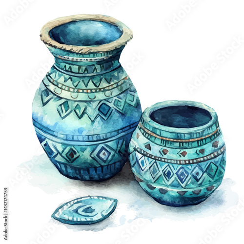 Mayan Turquoise Pots, watercolor vector, isolated on a white background.