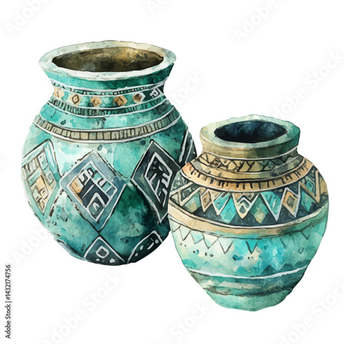 watercolor of Mayan Turquoise Pots, vector, isolated on a white background.