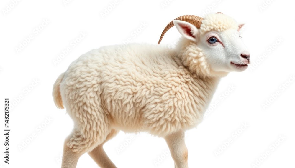 Obraz premium Cream Colored Fluffy Sheep with Small Horns on White Background