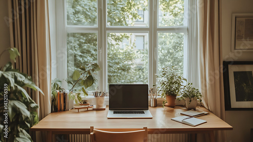 A laptop sits on a wooden desk in front of a window with potted plants