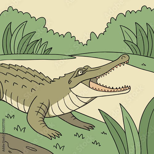 Cartoon vector crocodile resting by a riverbank in a lush environment, playful and vibrant design, copy space