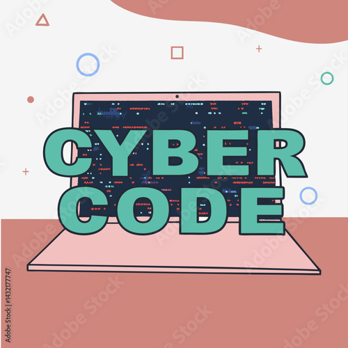 Stylish cartoon vector illustration of a laptop with coding screen and "Cyber Code" text, tech and digital design, copy space