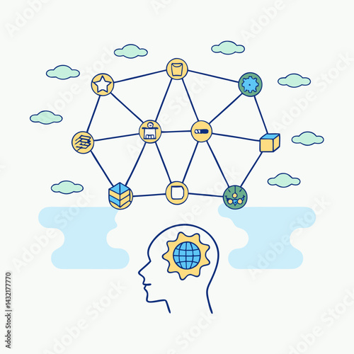 Stylized cartoon vector illustration of a brain with interconnected nodes and ideas, creative and conceptual design, copy space