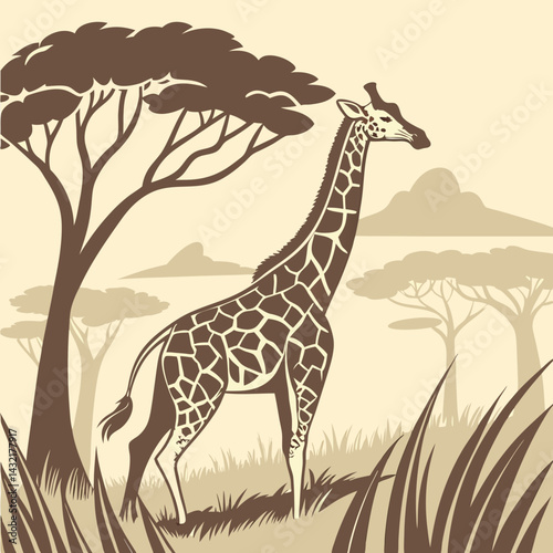 Stylized vector illustration of a giraffe standing gracefully in a savanna landscape
