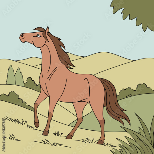 Cartoon vector illustration of a horse walking in a picturesque landscape
