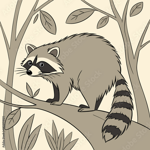 Vector illustration of a raccoon on a tree branch, playful posture, nature theme
