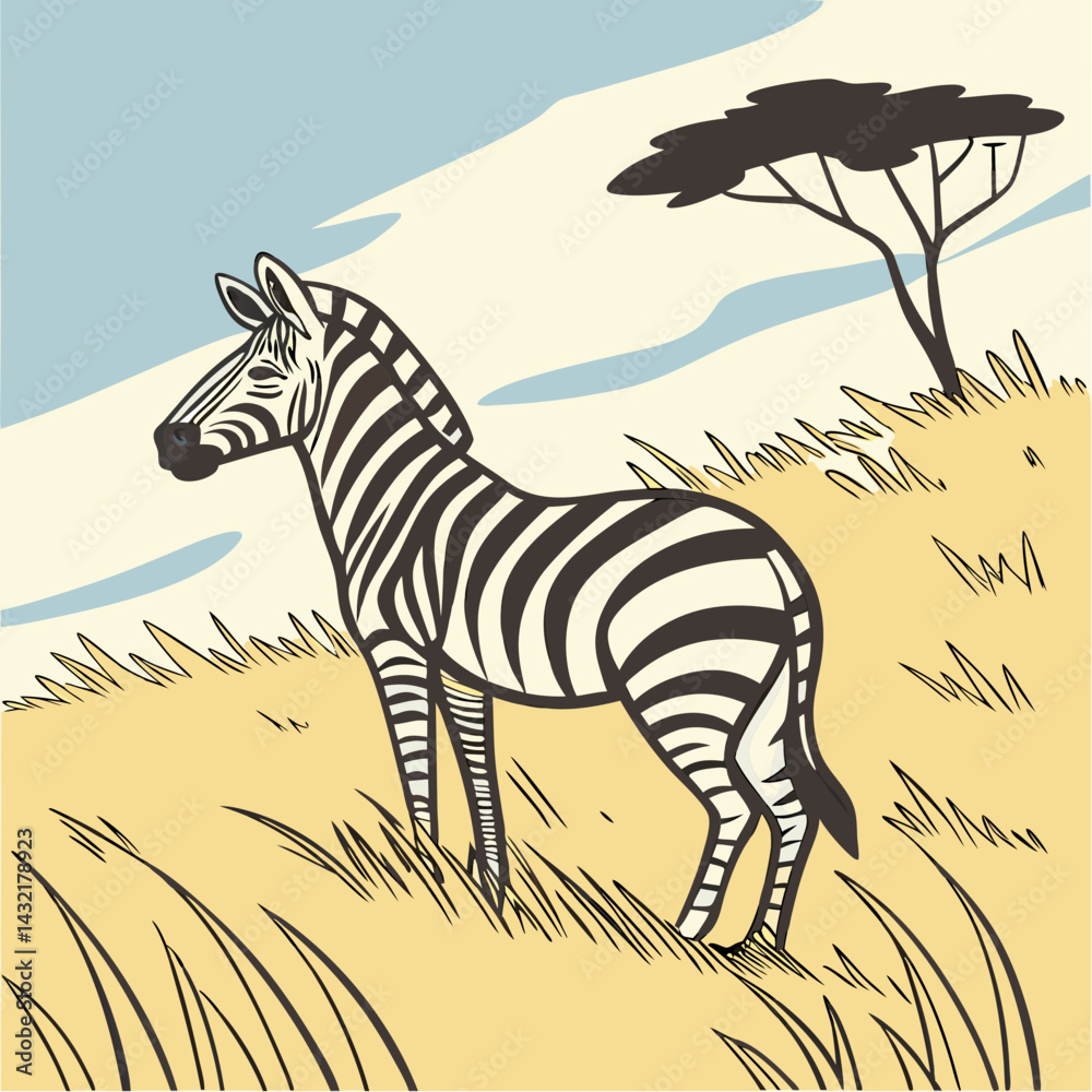 Fototapeta premium Vector illustration of a zebra in a savanna landscape, standing gracefully, wildlife theme 