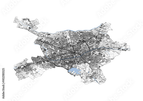 Detailed black and white map of Tirana, Albania featuring highways, buildings, and waterways. Ideal for urban planning, navigation, and travel projects