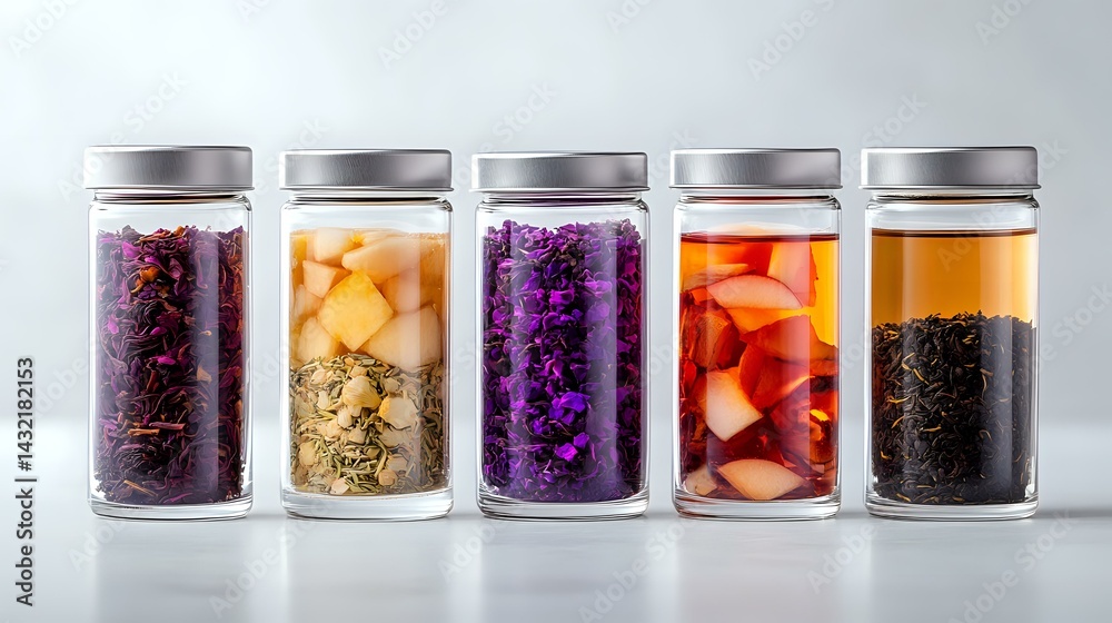 Glass jars filled with colorful fermented vegetables and kombucha tea arranged in row showing purple cabbage, preserved fruits, pickled vegetables and black tea.