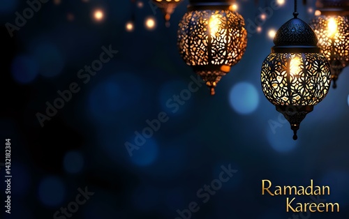 Obraz na płótnie Traditional ornate Arabic lanterns glowing against dark blue bokeh background with golden Ramadan Kareem text, creating magical festive atmosphere. w salonie