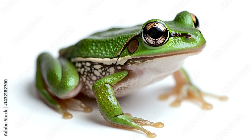 Green tree frog close up portrait showing detailed texture of amphibian skin and large round eye on white background, macro photography for nature study. Green tree frog close up portrait showing detailed texture of amphibian skin and large round eye on white background, macro photography for nature study.