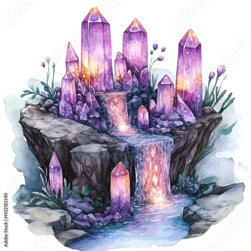 illustration of Lost Underground City With Glowing Crystals, watercolor vector, isolated on a white background.
