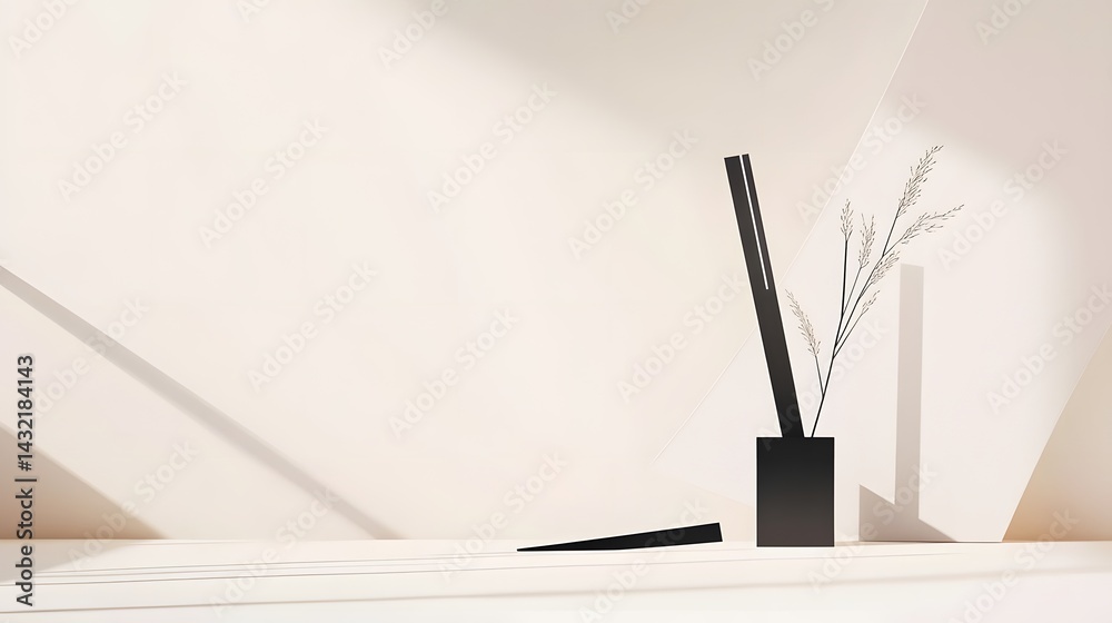 Naklejka premium Minimalist Beige Room Scene with Black Vase and Dried Flowers