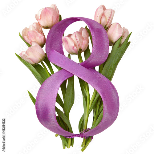Obraz na płótnie Pink Tulips with Purple Ribbon in the Shape of an Eight Symbol w salonie