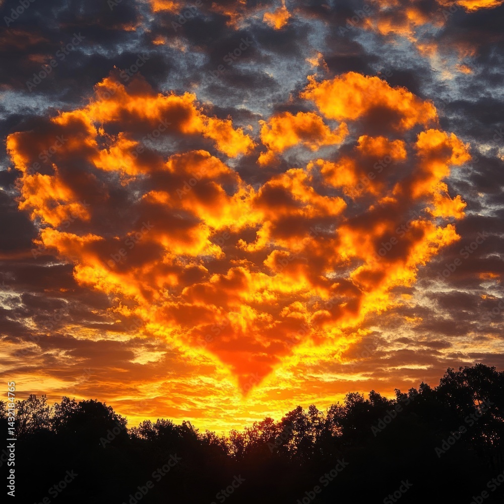 Fototapeta premium Heart-shaped fiery clouds at sunset. Dramatic sky