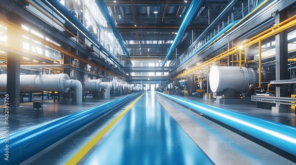 Obraz premium Large Industrial Building with Blue Pipes and Modern Equipment
