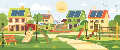Cheerful flat illustration Eco-friendly houses, solar panels,green spaces,children's playground, clean  style details.