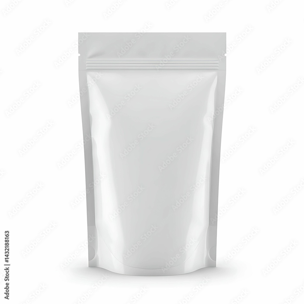 Minimal white stand-up pouch on white background. Perfect for product mockups, packaging design, food or coffee branding. Clean, modern, and versatile look for commercial use Minimal white stand-up pouch on white background. Perfect for product mockups, packaging design, food or coffee branding. Clean, modern, and versatile look for commercial use