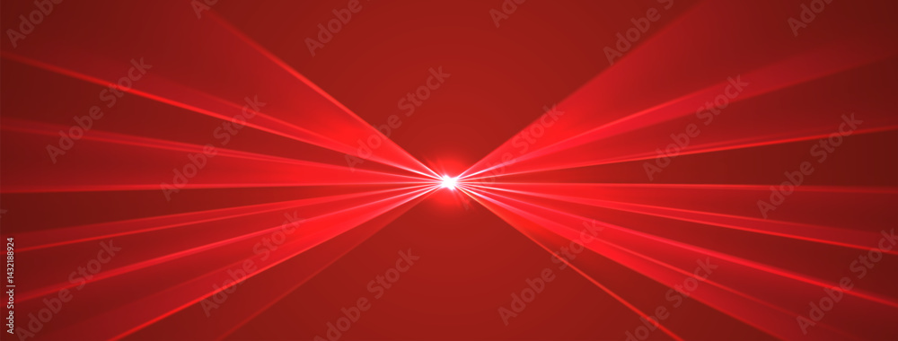 Red lasers background., glowing rays or neon beams, bright futuristic backdrop. Concert or nightclub spotlights. Vector illustration.