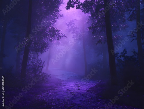 Enchanted Purple Forest Path: A Mystical Twilight Scene