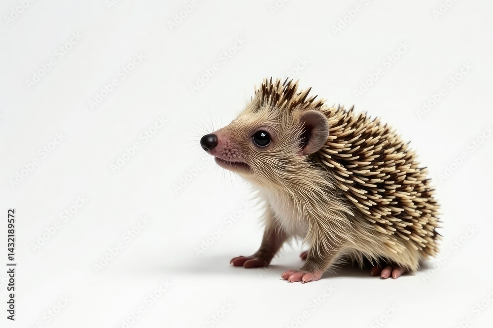 Obraz premium A single brown hedgehog sits on plain white, facing right , prickly, white background photo