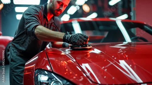 Professional Car Detailing: A Master Craftsman Polishes a Red Sports Car