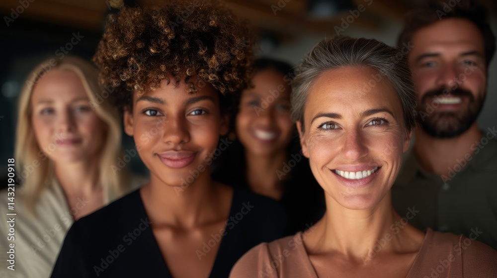 Fototapeta premium Portrait of professionals collaborating in an office, smiling and looking at the camera, conveying teamwork, positivity, and a productive atmosphere.
