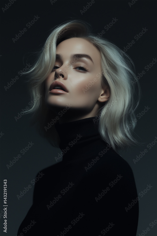 Fototapeta premium Portrait of a Young Woman in her Early Twenties with Platinum Blonde Hair, Wearing a Black Turtleneck, Dramatic Low-Key Lighting, Fashion Beauty, Studio Shot