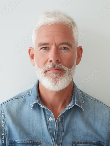 Portrait of a Man in his Early 60s with a Full White Beard, Wearing a Denim Shirt, Calm and Thoughtful Expression, Close-up Studio Shot, Mature Male, Silver Hair,  Stylish Senior.