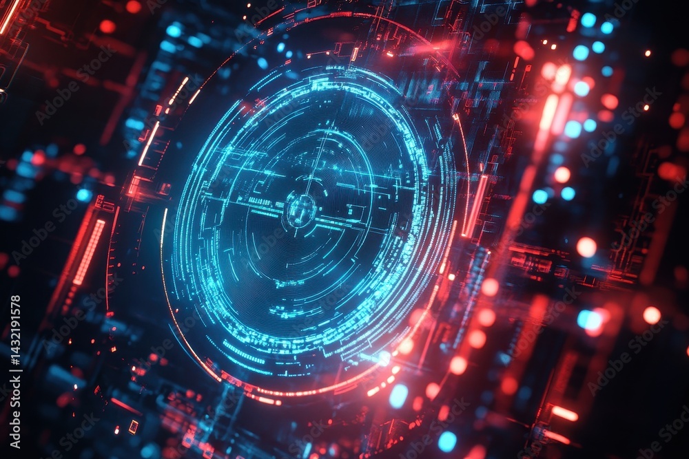 Fototapeta premium Digital circuitry with a central holographic circular interface.